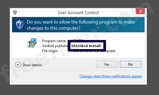 Screenshot where Shielded Install appears as the verified publisher in the UAC dialog